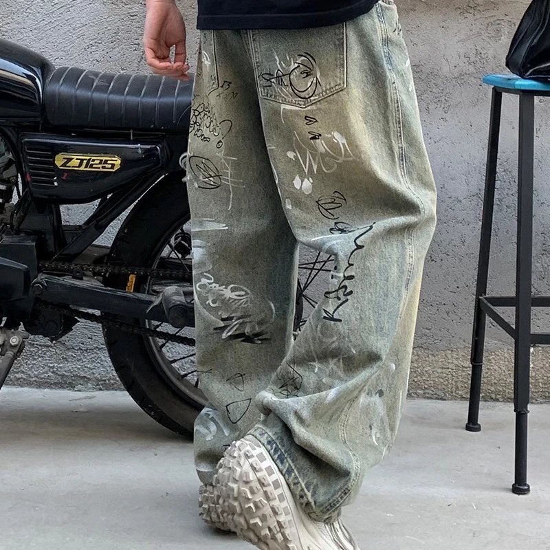 Oversized Distressed Paint-Splatter Olive Green Streetwear Jeans