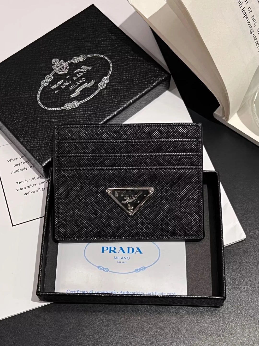 Prada Triangle Logo Card Holder Black Saffiano Leather Wallets - 4