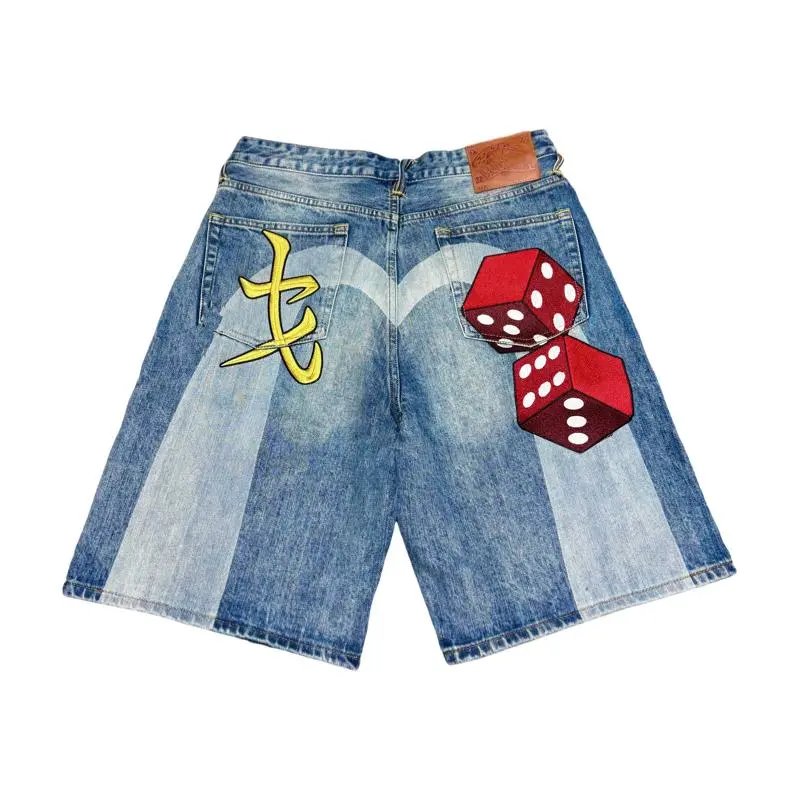 Denim Shorts Blue Patchwork Embroidered Dice Yellow Kanji Streetwear