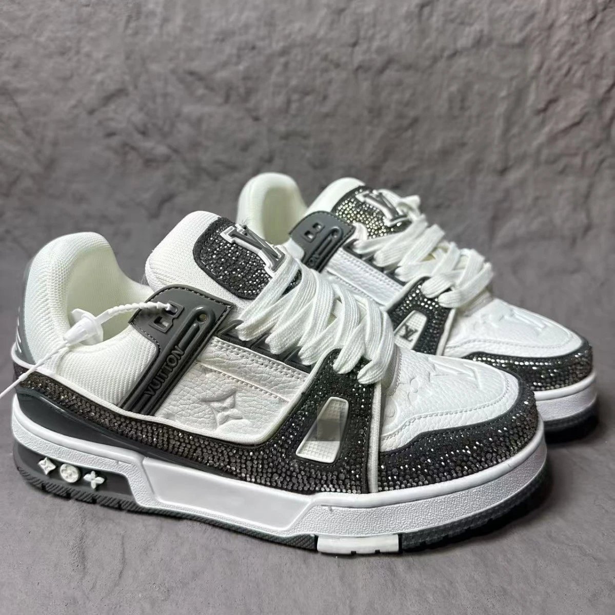 Louis Vuitton Trainer White Green Crystal Embellished Sneakers