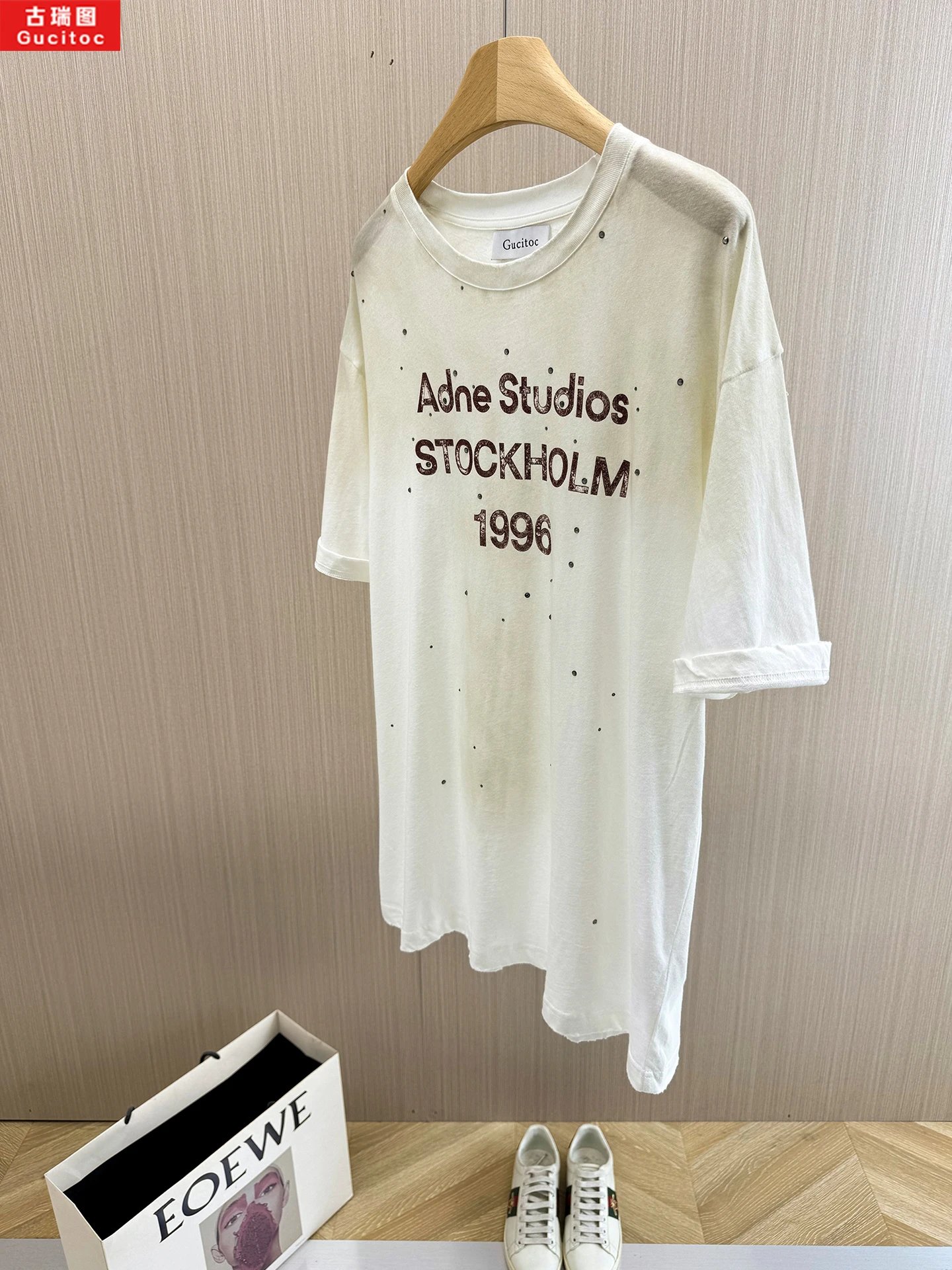 Acne Studios White Rhinestone Letter Distressed T-Shirt photo 3