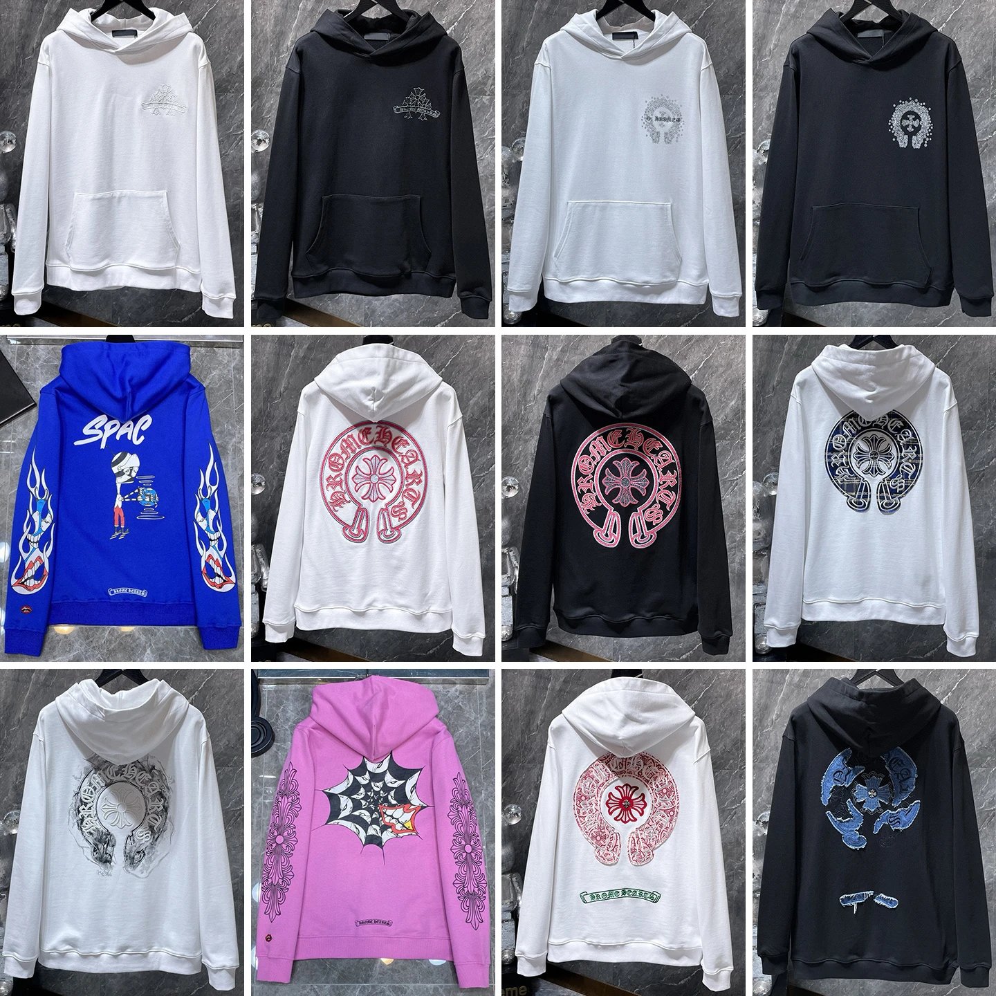 Chrome Hearts Hooded Sweatshirt Black White Red Gray Black Blue Charcoal Orange Lime Yellow Pink Black Gradient Embroidered Graphic Streetwear