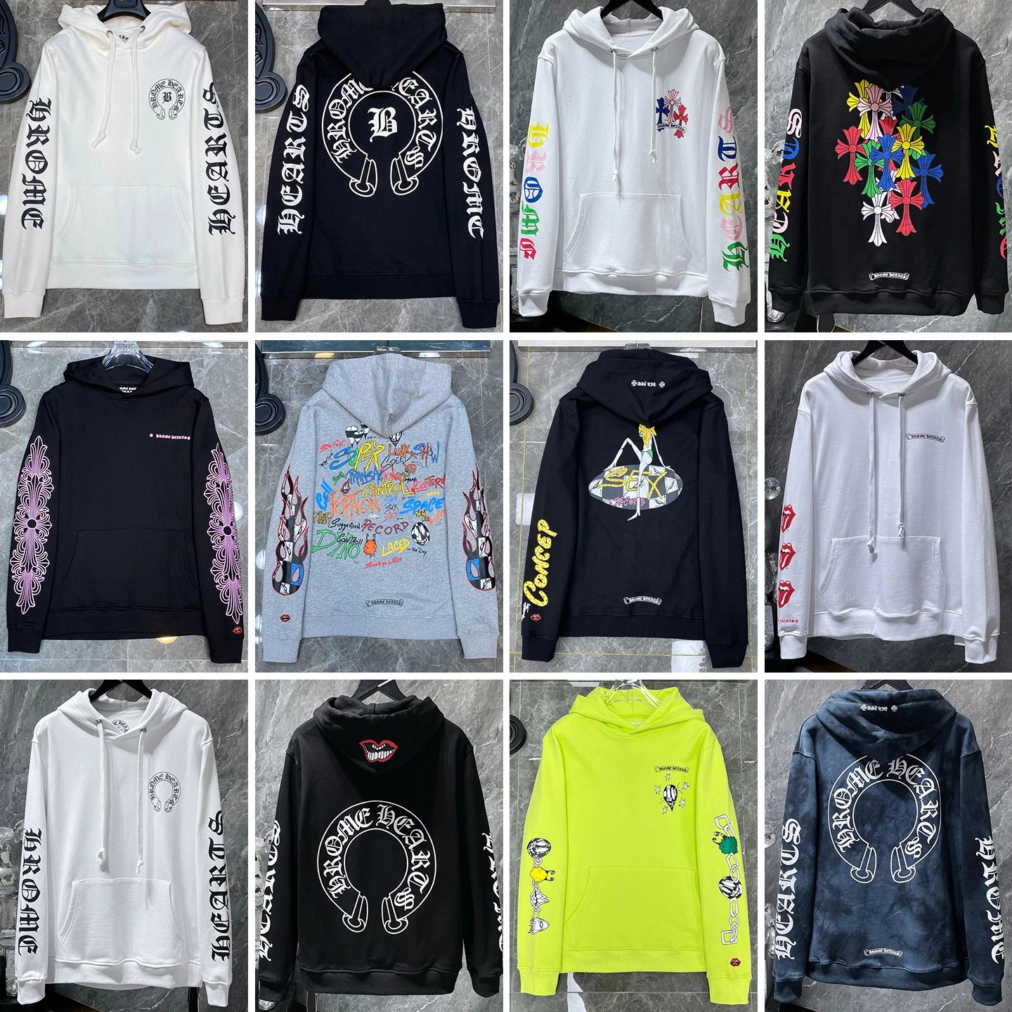 Chrome Hearts Hooded Sweatshirt Black White Red Gray Black Blue Charcoal Orange Lime Yellow Pink Black Gradient Embroidered Graphic Streetwear
