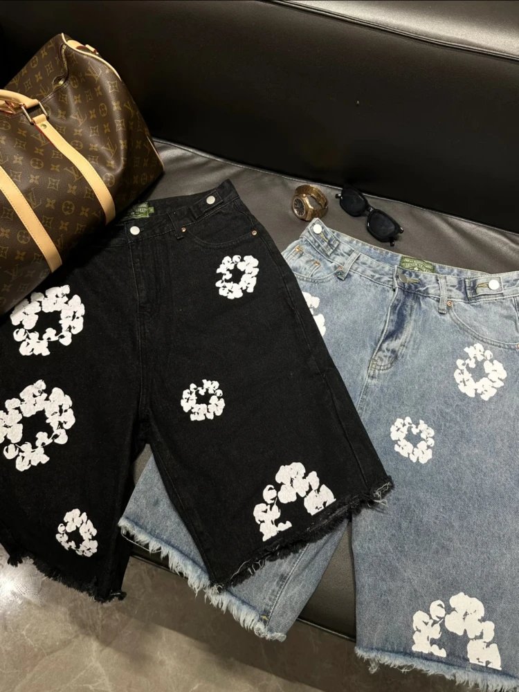 Cotton Graphic Print White Streetwear T-Shirt with Floral Embroidered Denim Shorts