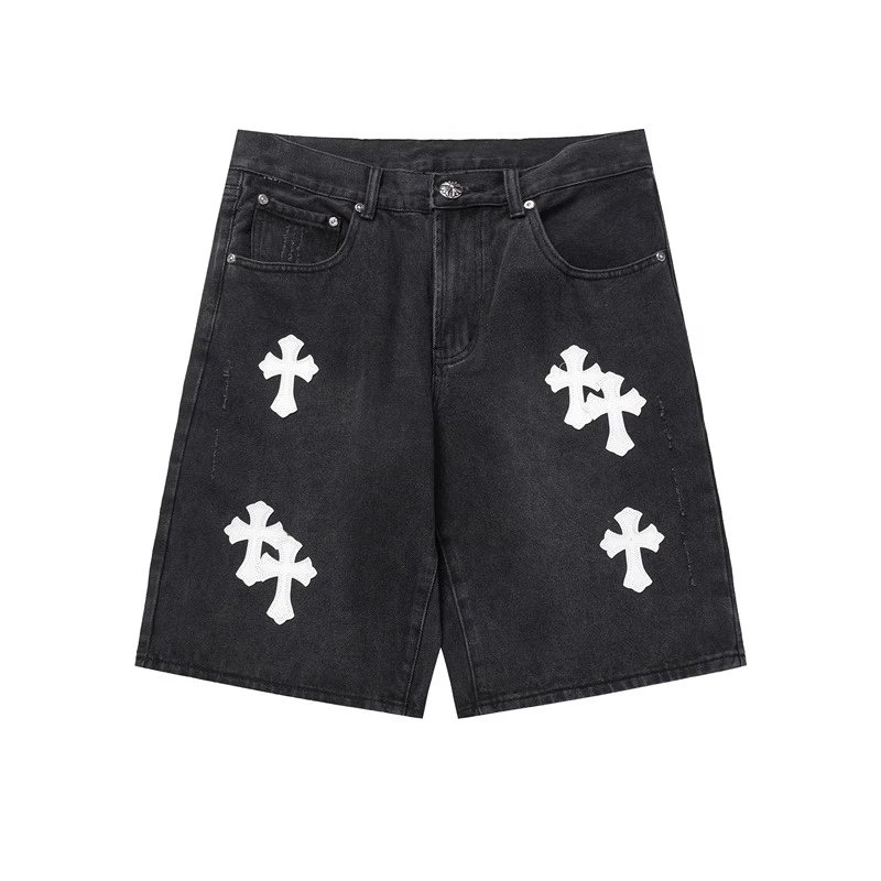 Denim Shorts Black Light Blue Distressed Cross Embroidered Streetwear