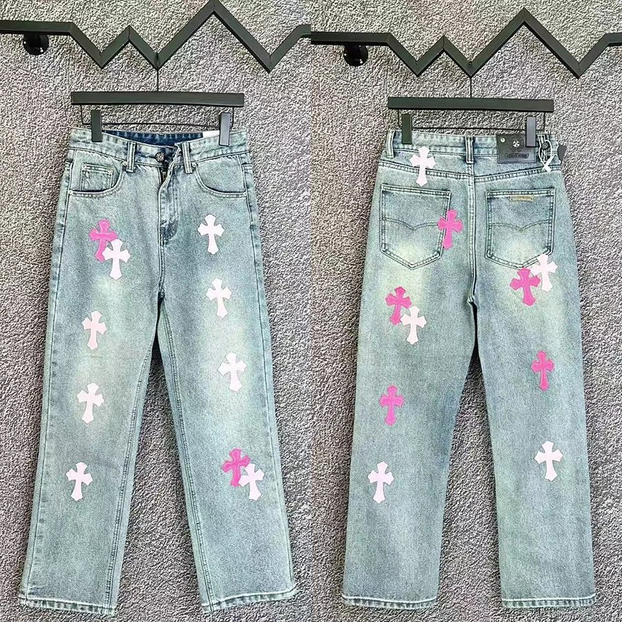 Cross-Embellished Denim Jeans Assorted Colors Distressed Style