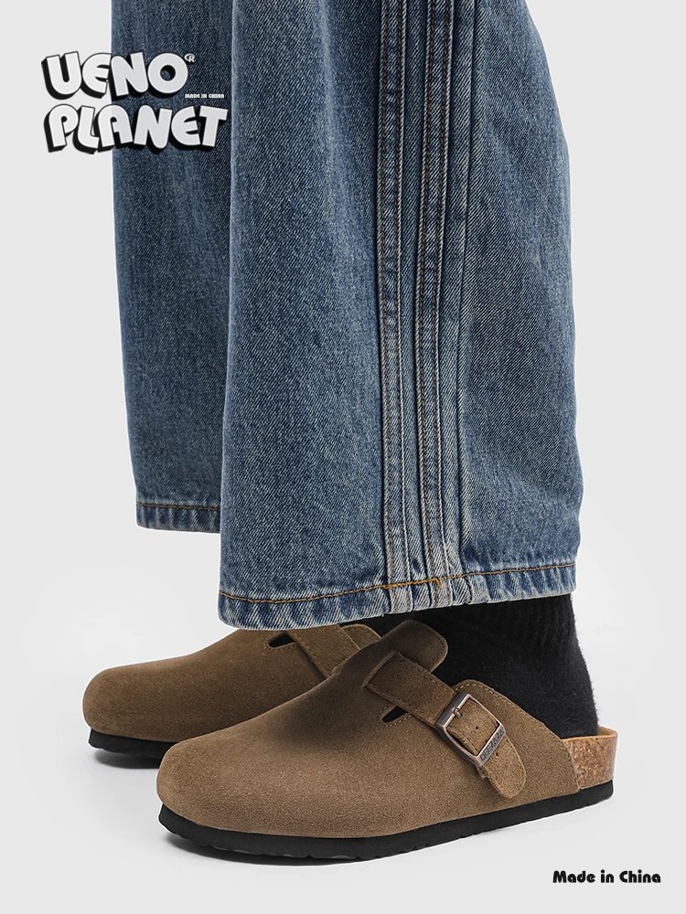 Ueno Planet Brown Suede Buckle Clog Slippers