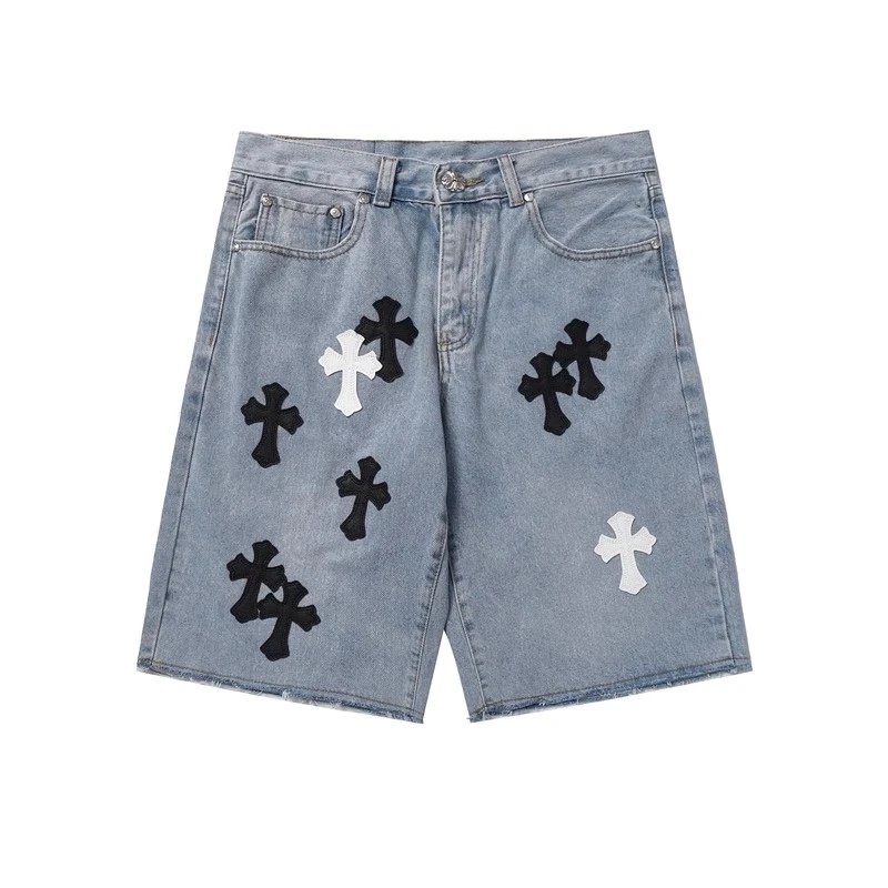 Denim Shorts Black Light Blue Distressed Cross Embroidered Streetwear