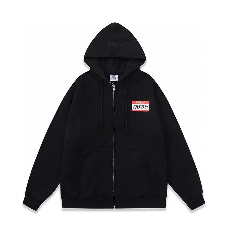 Vetements Hello Name Tag Charcoal Oversized Zip-Up Hoodie