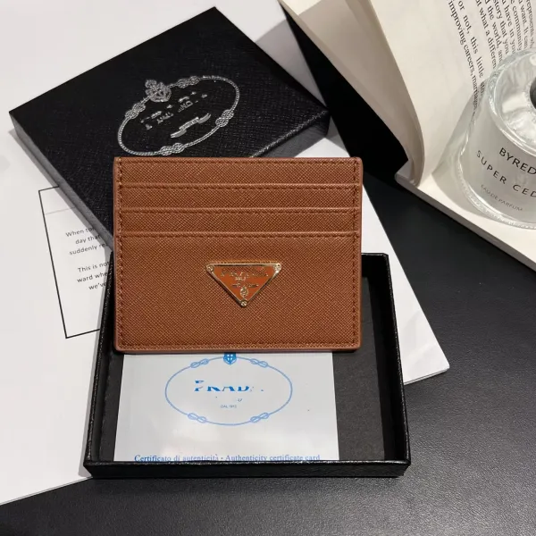 Prada Triangle Logo Card Holder Cognac Saffiano Leather Wallets - 1