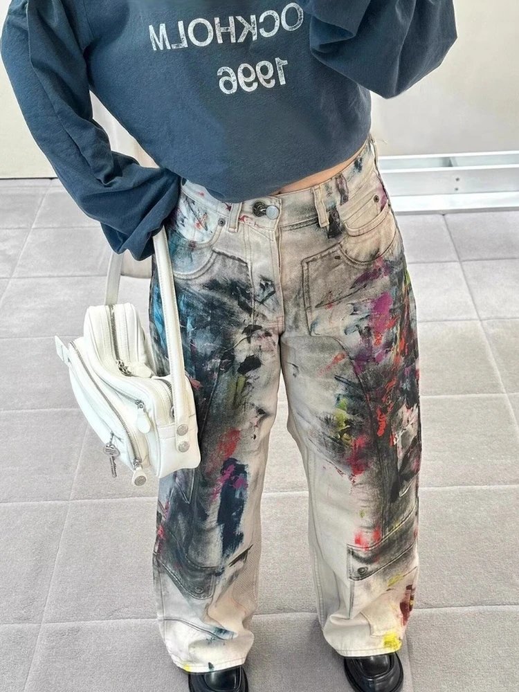 Paint Splatter Denim Cargo Pants Beige Artistic Streetwear