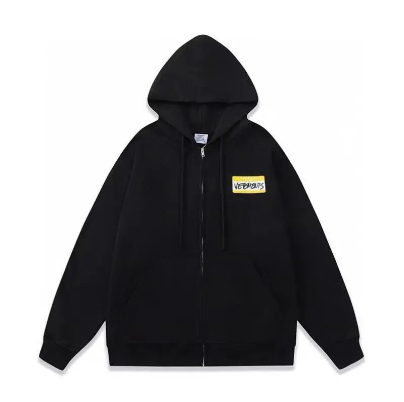Vetements Hello Name Tag Charcoal Oversized Zip-Up Hoodie