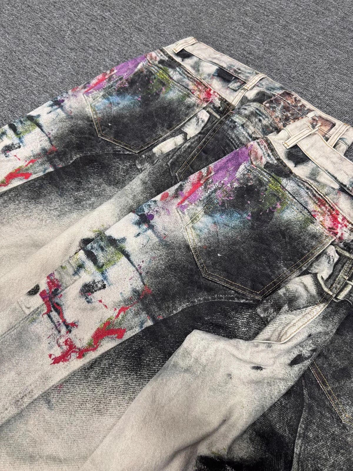 Paint Splatter Denim Cargo Pants Beige Artistic Streetwear