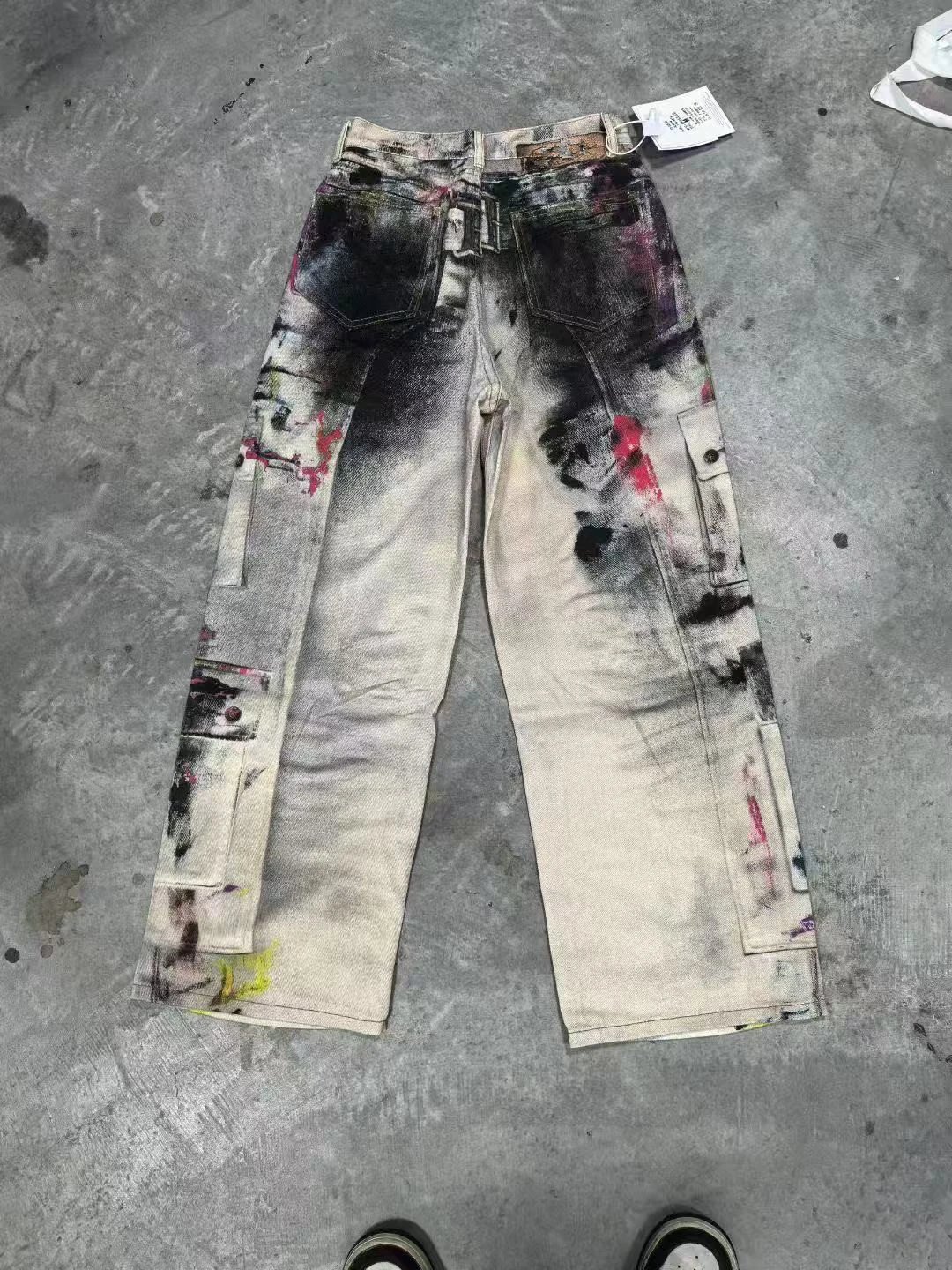 Paint Splatter Denim Cargo Pants Beige Artistic Streetwear