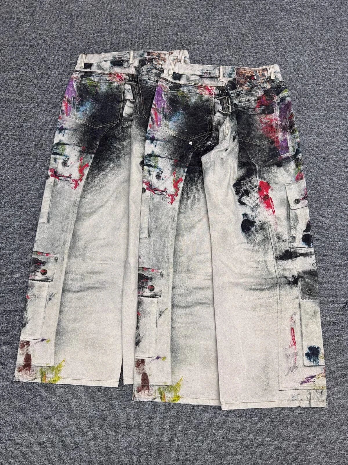 Paint Splatter Denim Cargo Pants Beige Artistic Streetwear