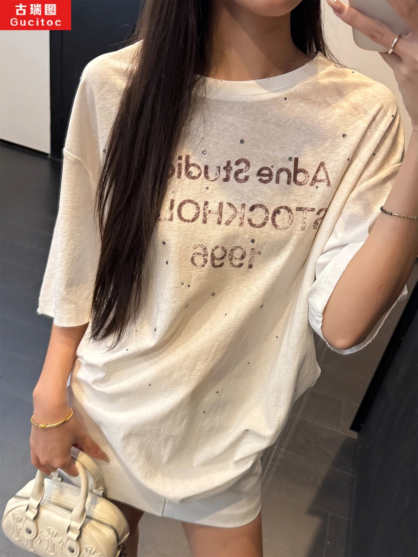 Acne Studios White Rhinestone Letter Distressed T-Shirt photo 6