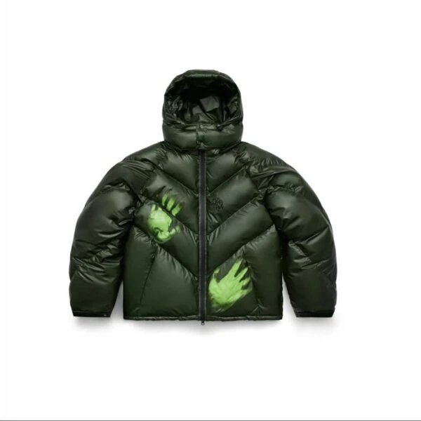 Olive Green Puffer Jacket with Neon Green Handprint Graphic Hooded Style