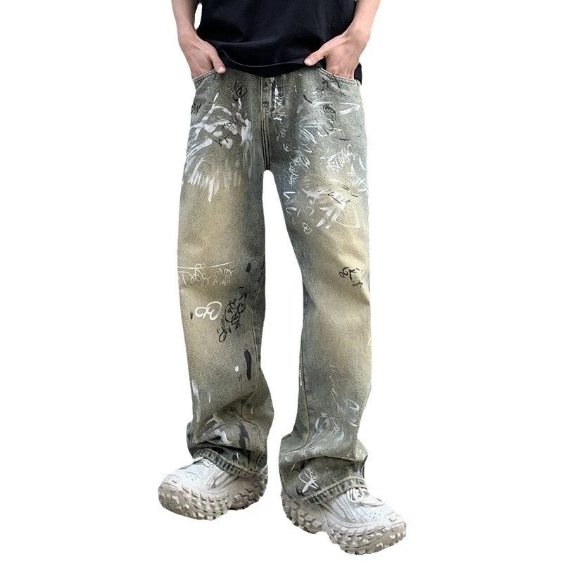 Oversized Distressed Paint-Splatter Olive Green Streetwear Jeans