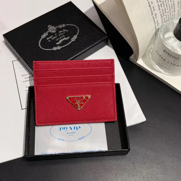 Prada Triangle Logo Card Holder Red Saffiano Leather Wallets - 1
