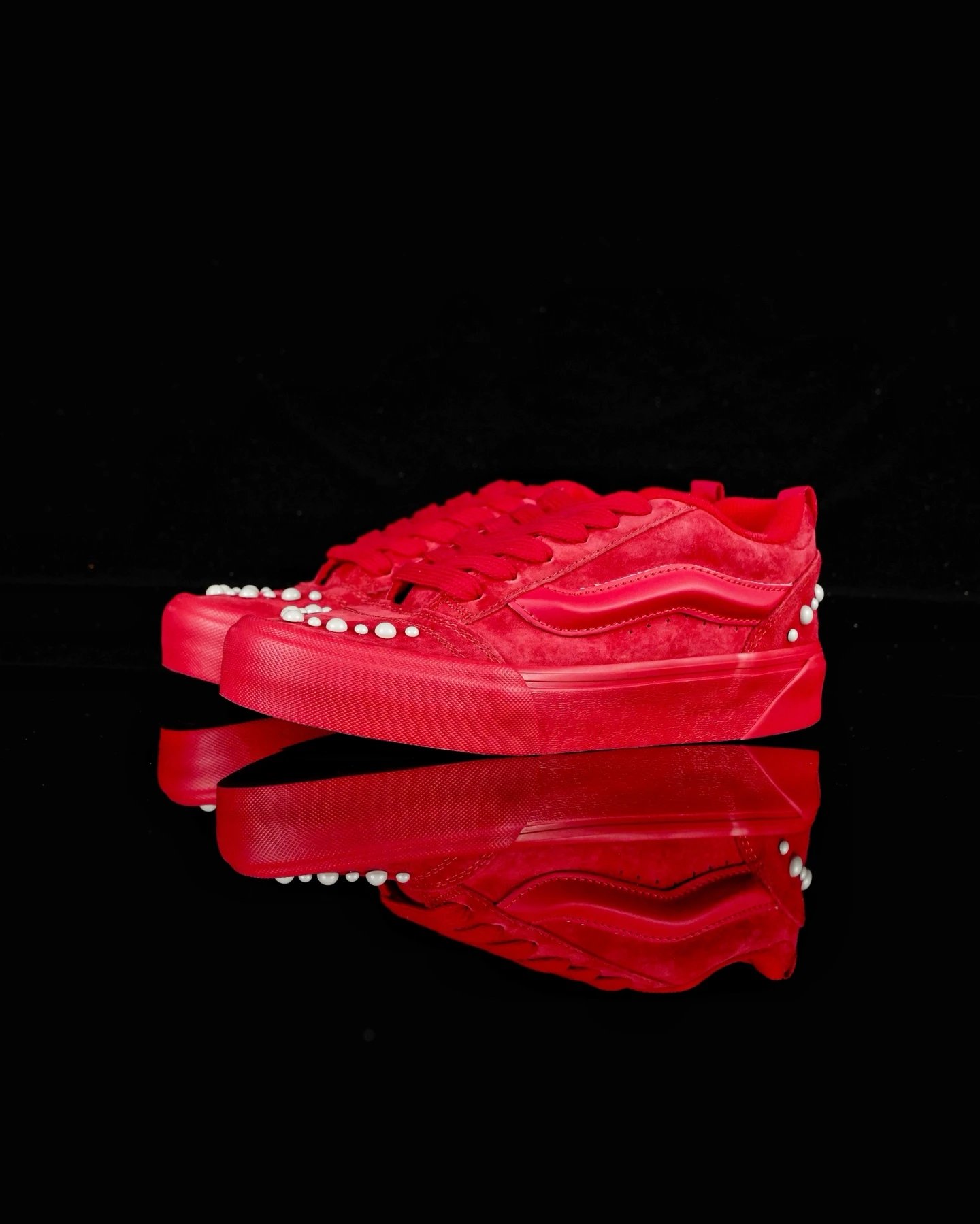 Vans Old Skool Red Velvet Pearl-Embellished Sneakers Skateboard Shoes