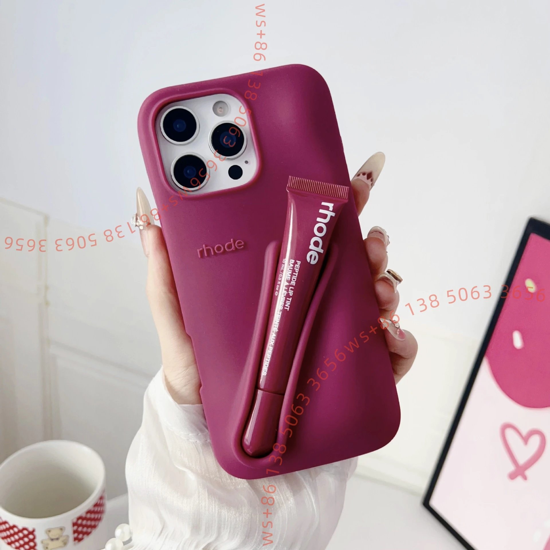 Rhode Phone Case with Integrated Lip Tint Holder in Magenta