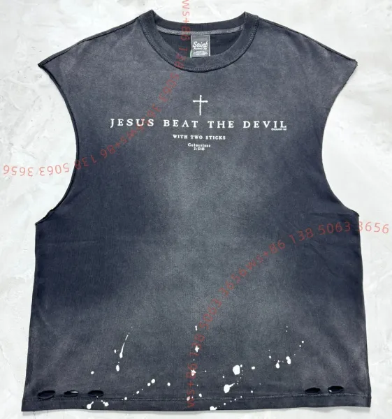 Saint Tears Jesus Beat The Devil Distressed Sleeveless Tee Black - 1