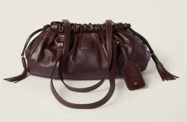 Design Drawstring Bucket Bag Burgundy Leather Handbag - 1