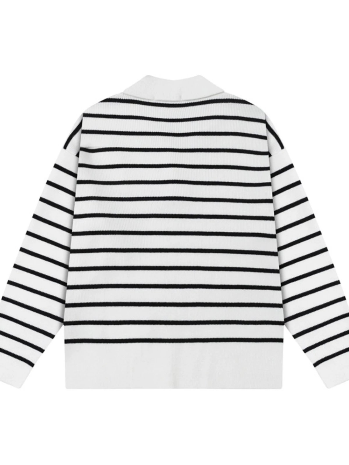 HOUTOU Striped White Black Polo Knit Top Casual