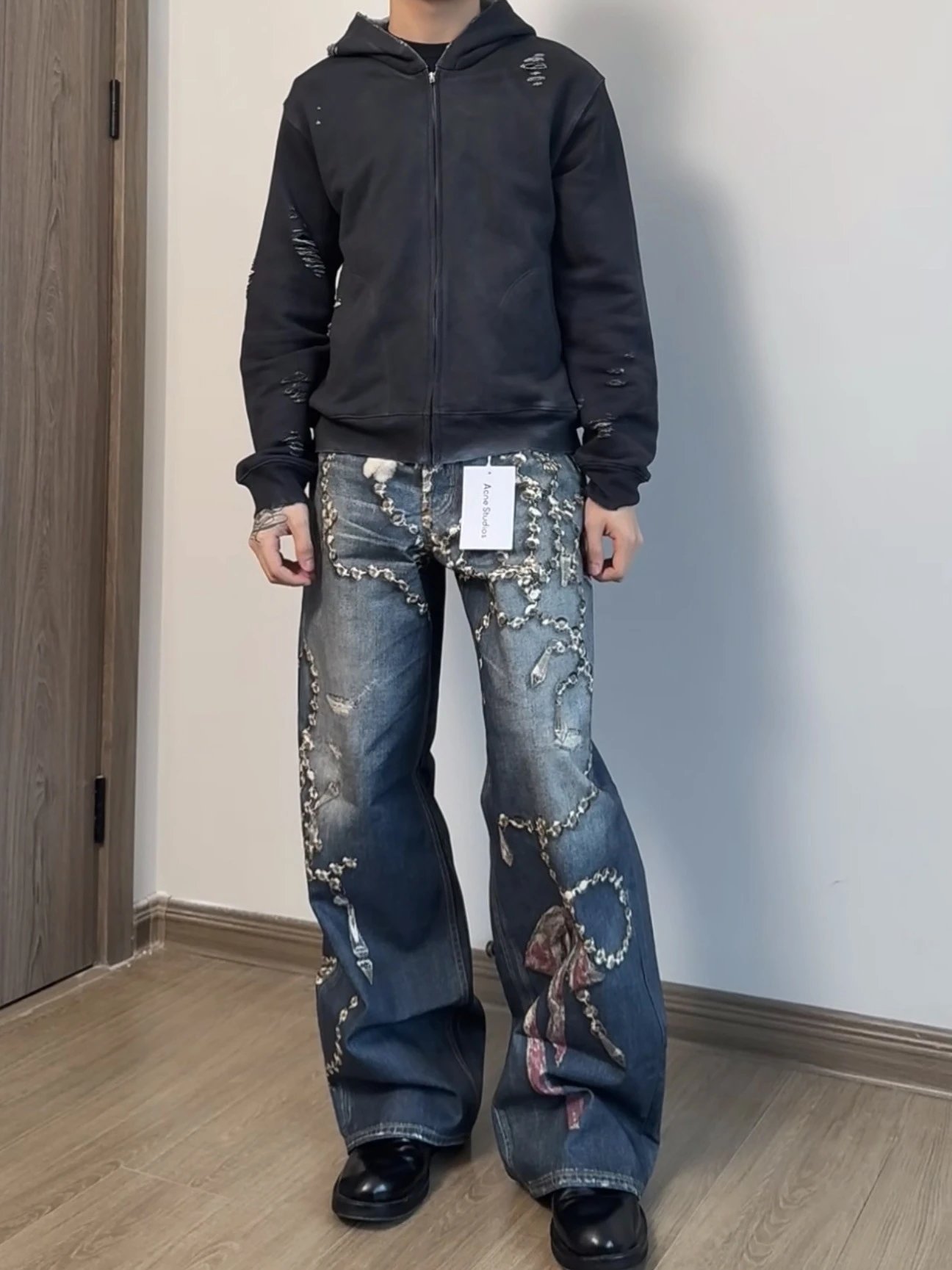 Distressed Denim Jeans Washed Black And Light Blue Patchwork Streetwear