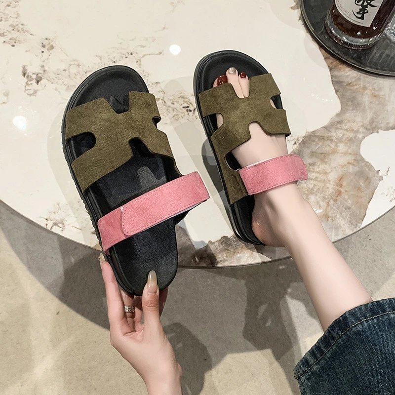 H-Shape Strap Sandals Black White Green Blue Tan Casual Slide Sandals