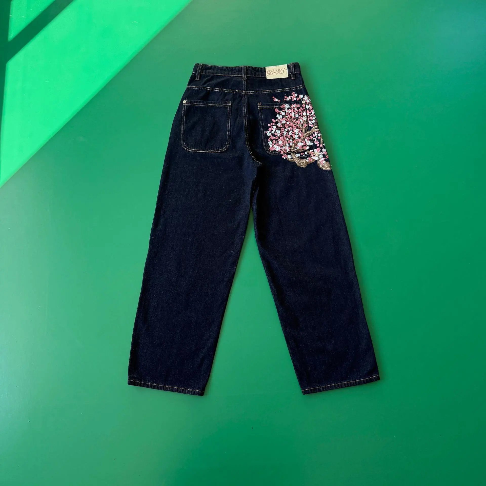 Denim Jeans Dark Blue Embroidered Cherry Blossom Patchwork Style