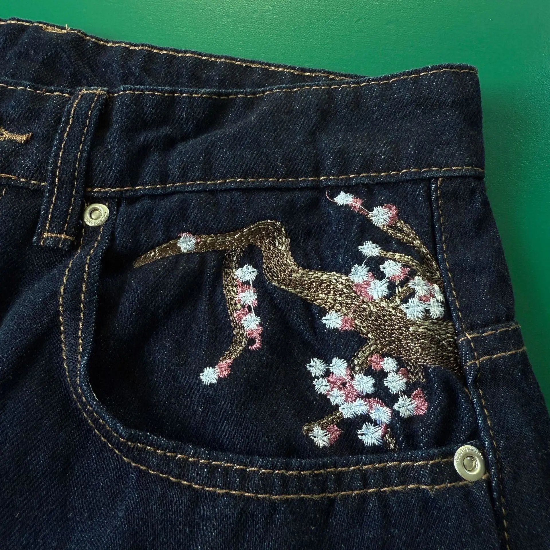 Denim Jeans Dark Blue Embroidered Cherry Blossom Patchwork Style
