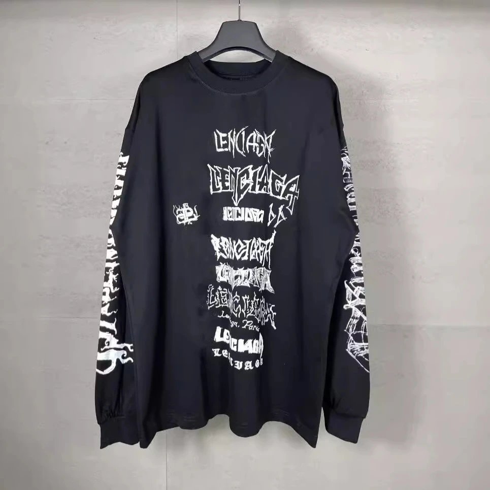 Lenciaga Graphic Print Black Oversized Long Sleeve T-Shirt