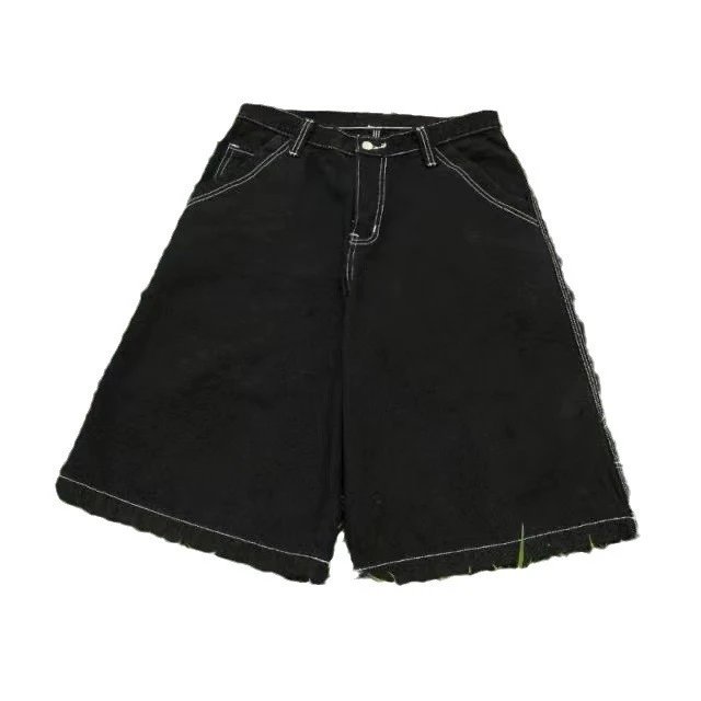 Black Denim Cargo Shorts Red Embroidered Logo Streetwear