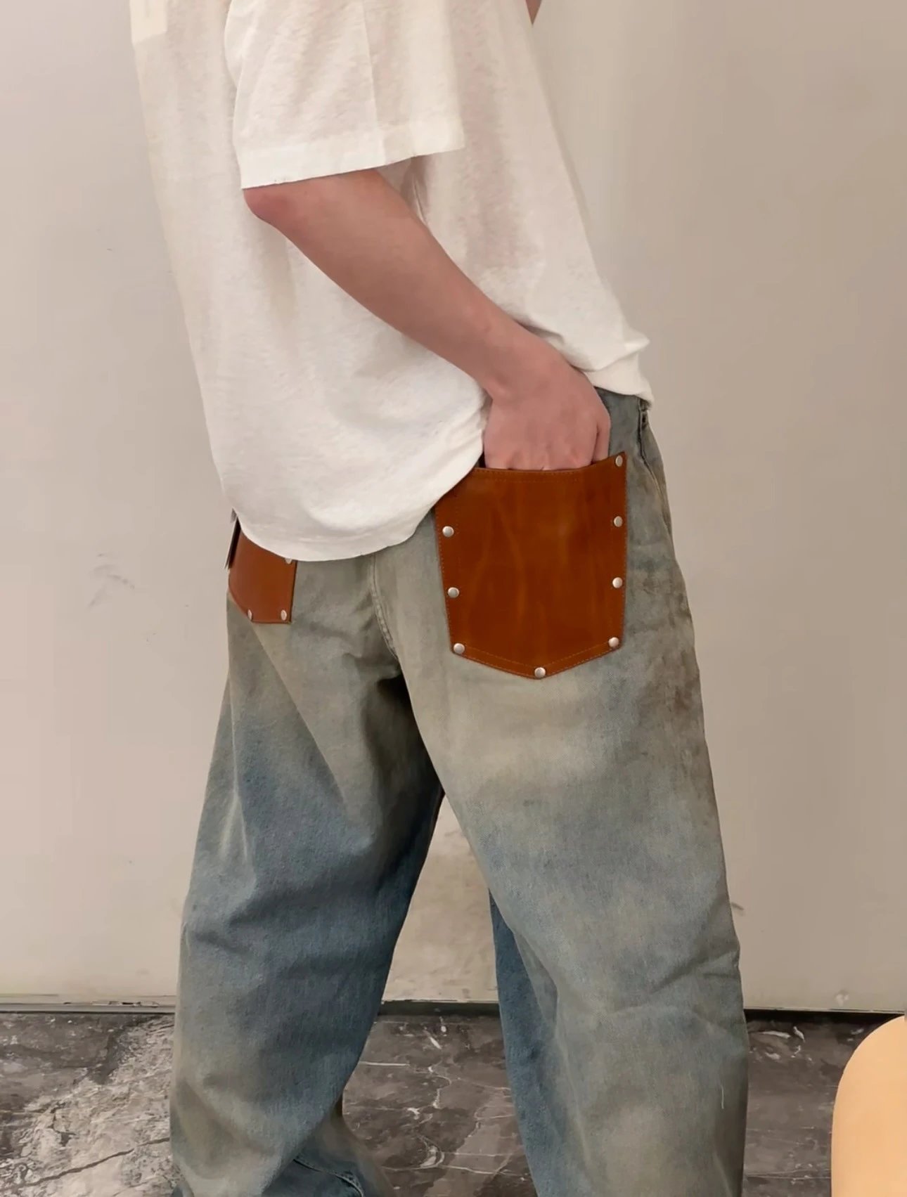 Distressed Denim Jeans Washed Black And Light Blue Patchwork Streetwear