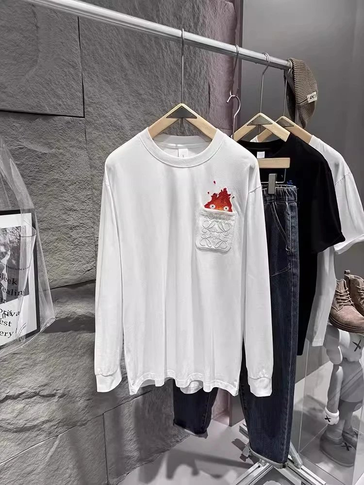 Loewe Pocket Embroidered Blue Flame Black Graphic T-Shirt