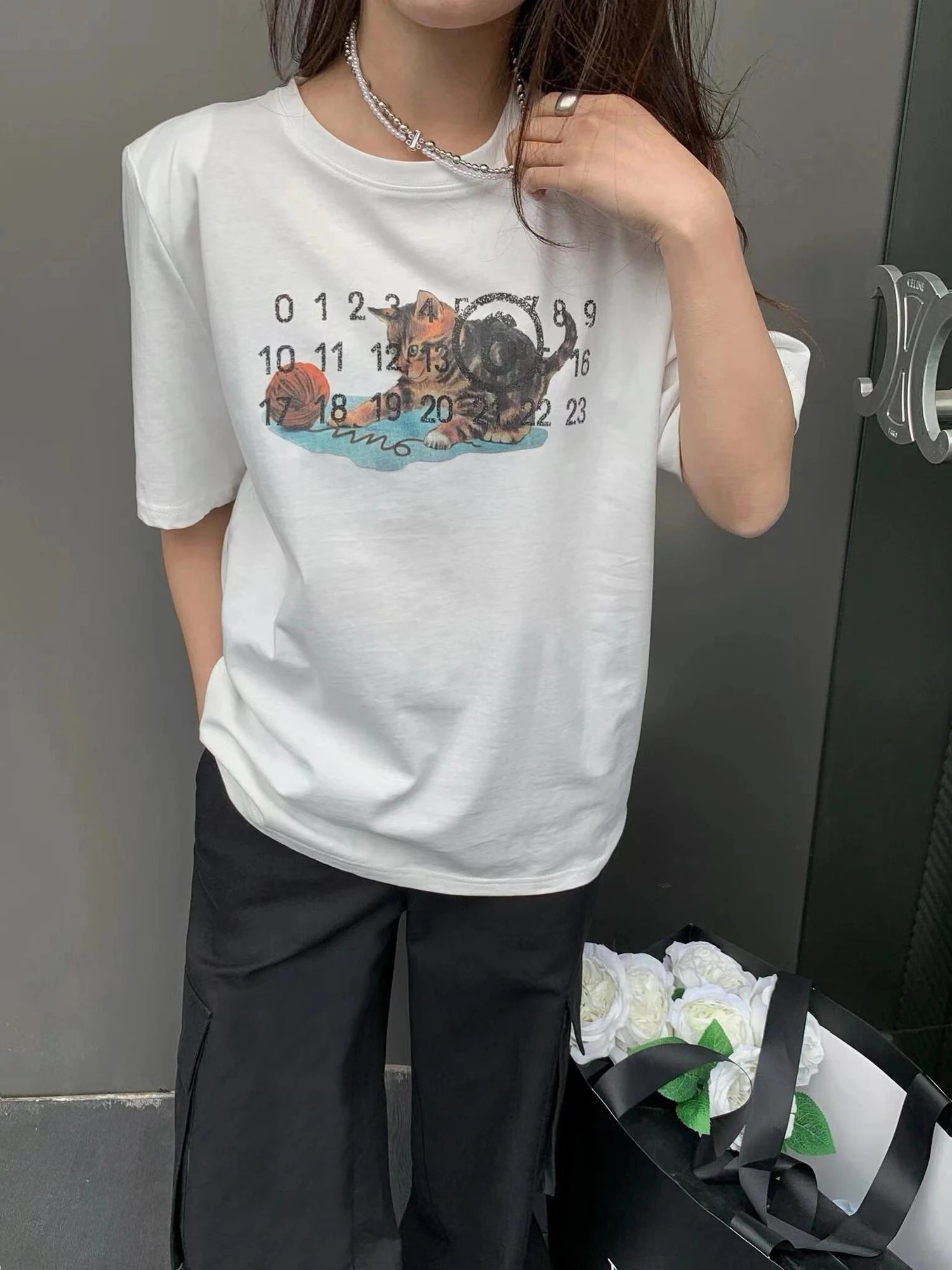 Cat Print Logo Crew Neck T-Shirt photo 4
