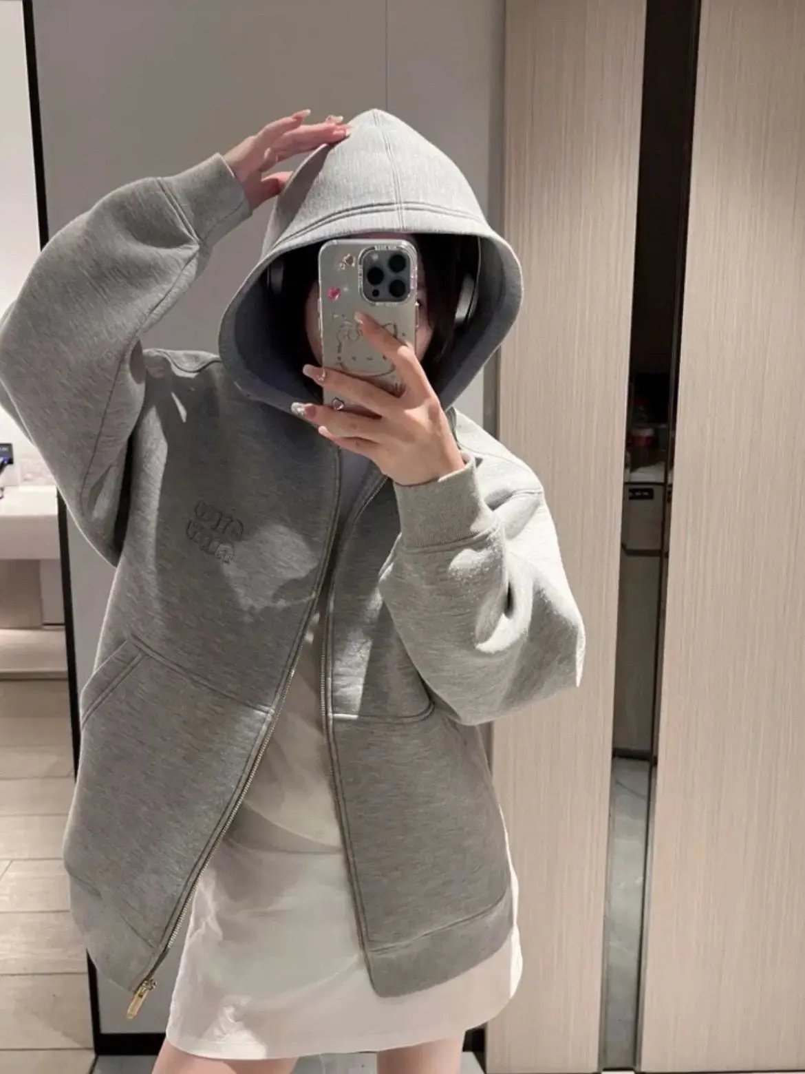 Miu Miu Gray Full-Zip Hooded Sweatshirt