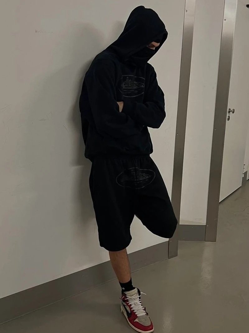 Blue Hooded Puffer Jacket And Matching Shorts Set Streetwear