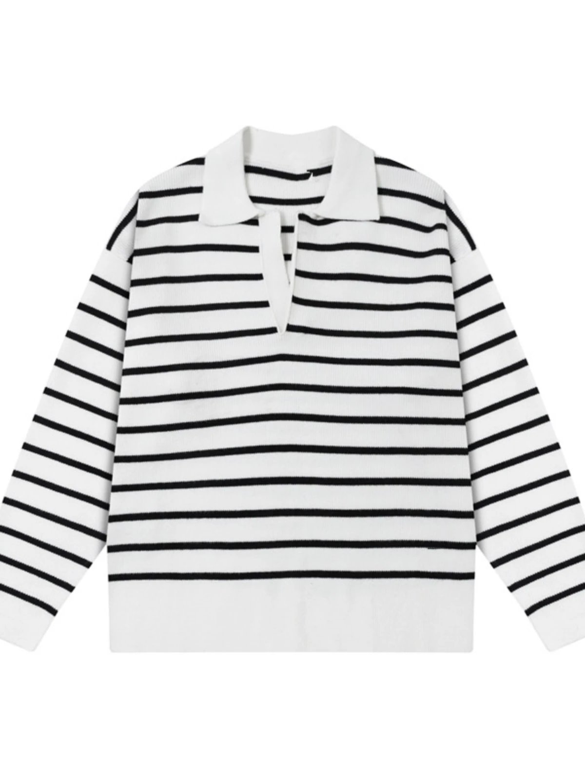 HOUTOU Striped White Black Polo Knit Top Casual