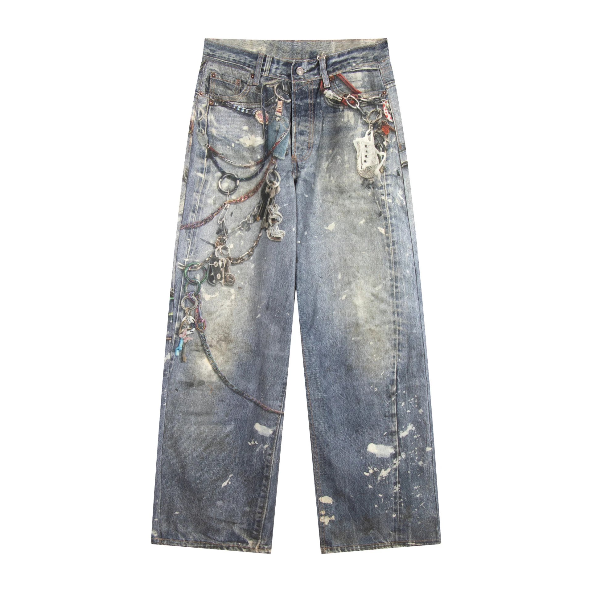 Patchwork Denim Wide Leg Distressed Artistic Jeans