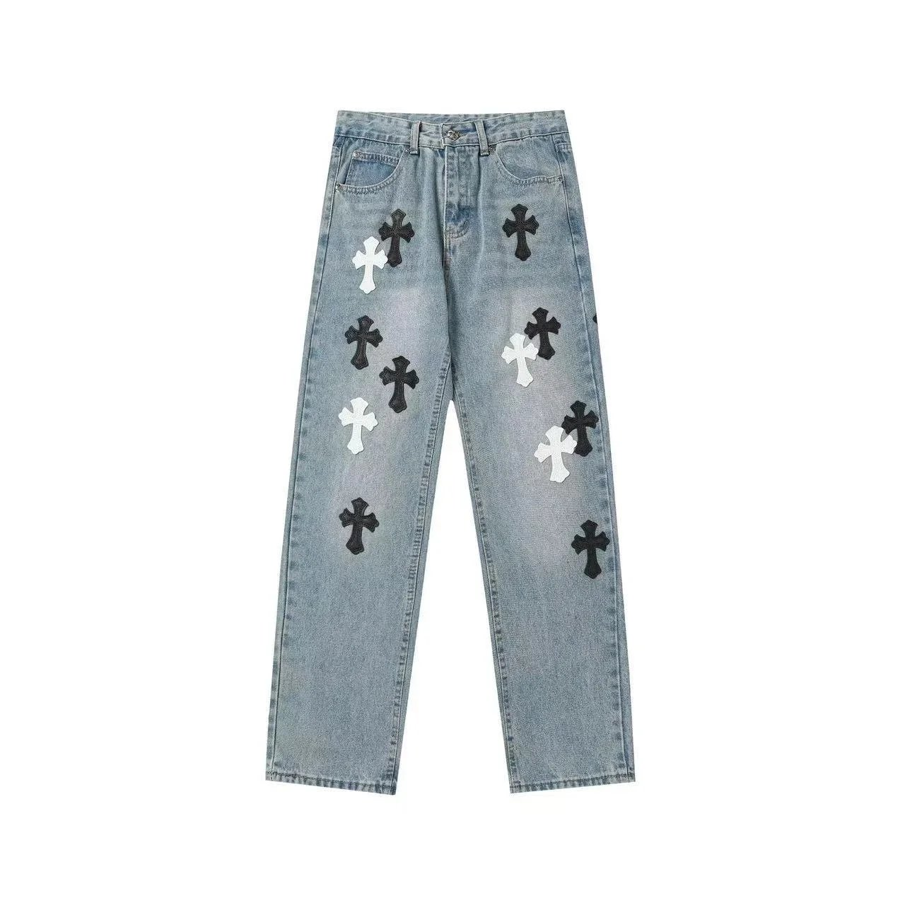 Black and White Cross-Stitched Distressed Jeans photo 7
