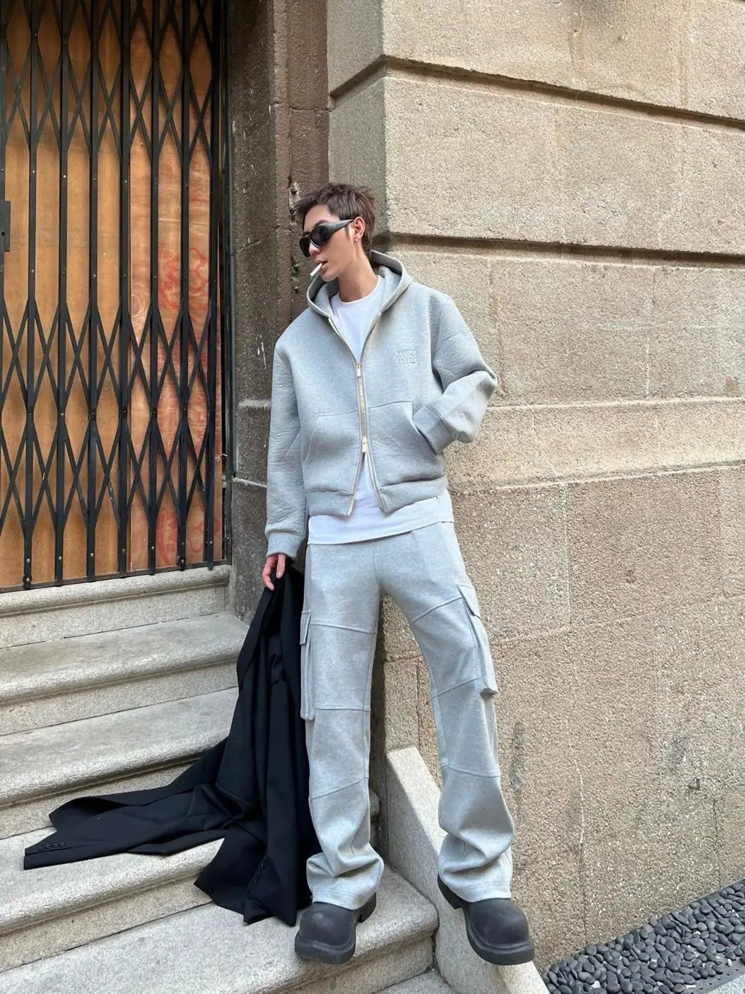 Miu Miu Gray Full-Zip Hooded Sweatshirt