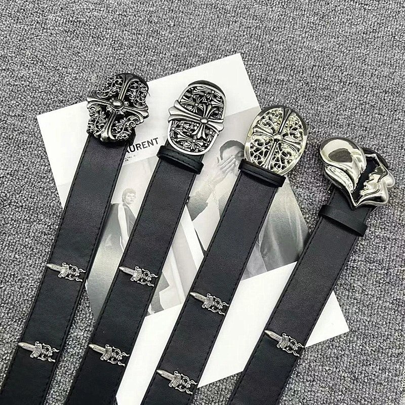 Black Leather Belt with Silver Cross and Skull Buckle Punk Style