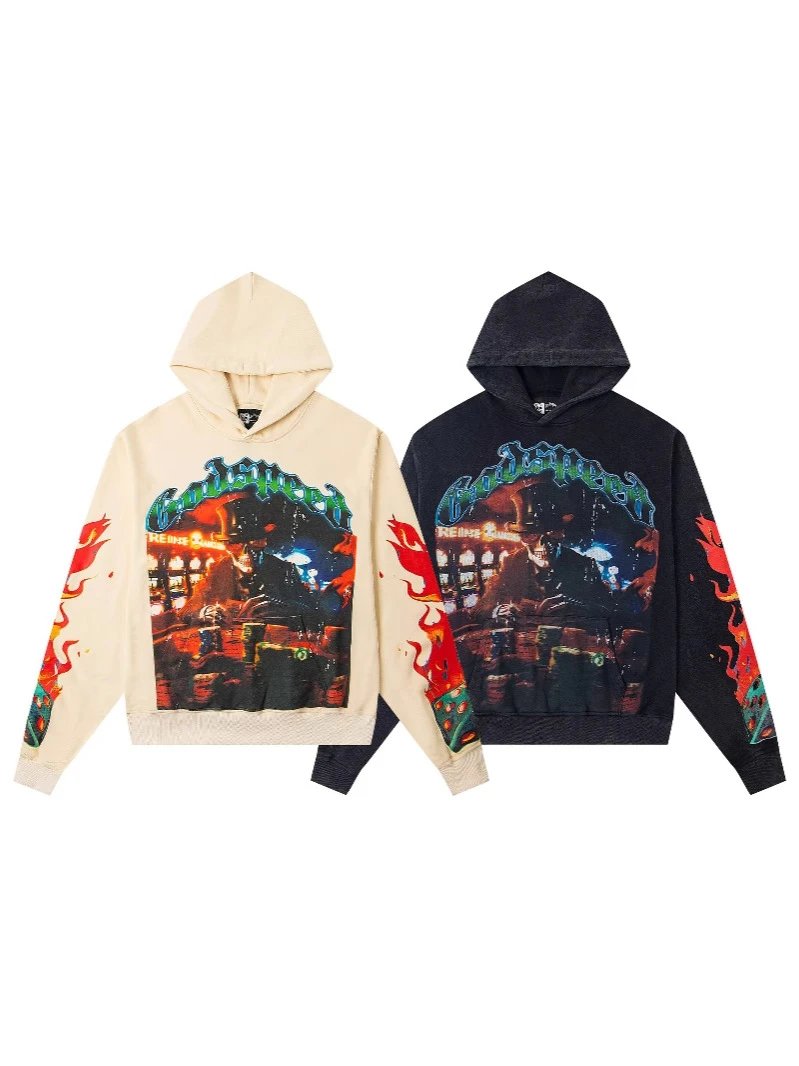 Godspeed Graphic Print Beige Navy Purple Red Black Hooded Sweatshirt