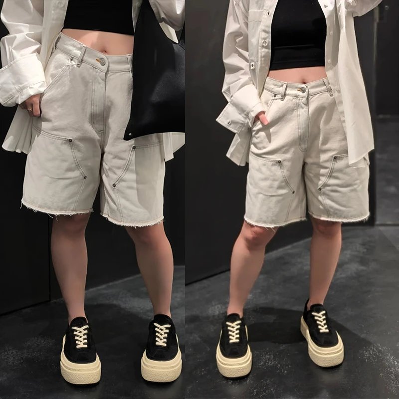 Retro Loose Frayed Hem Five-Point Pants photo 4
