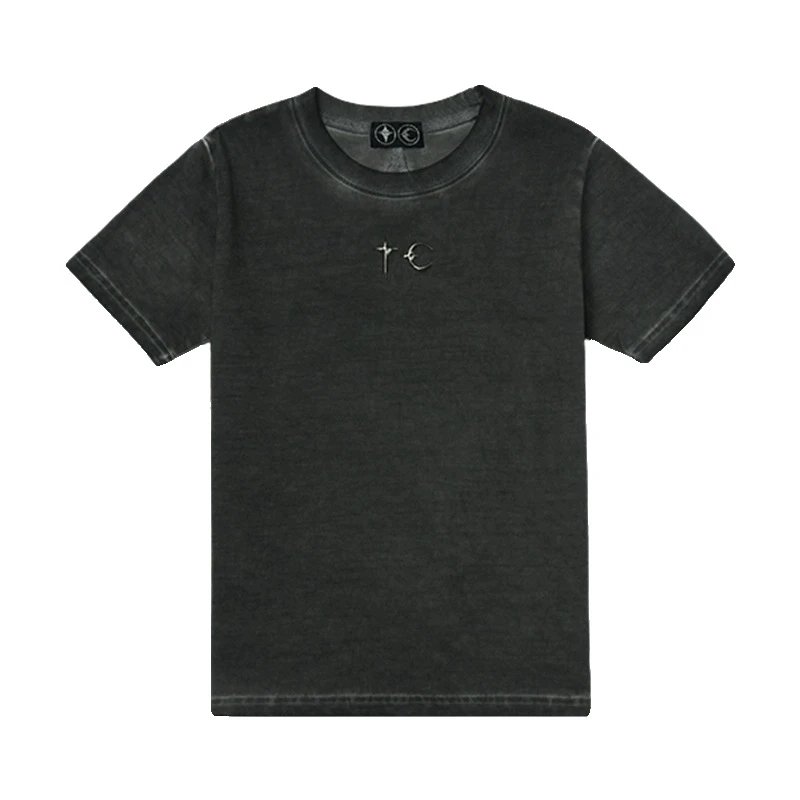 Dark Gray Washed Cotton T-Shirt Black Geometric Seam Design Slim Fit