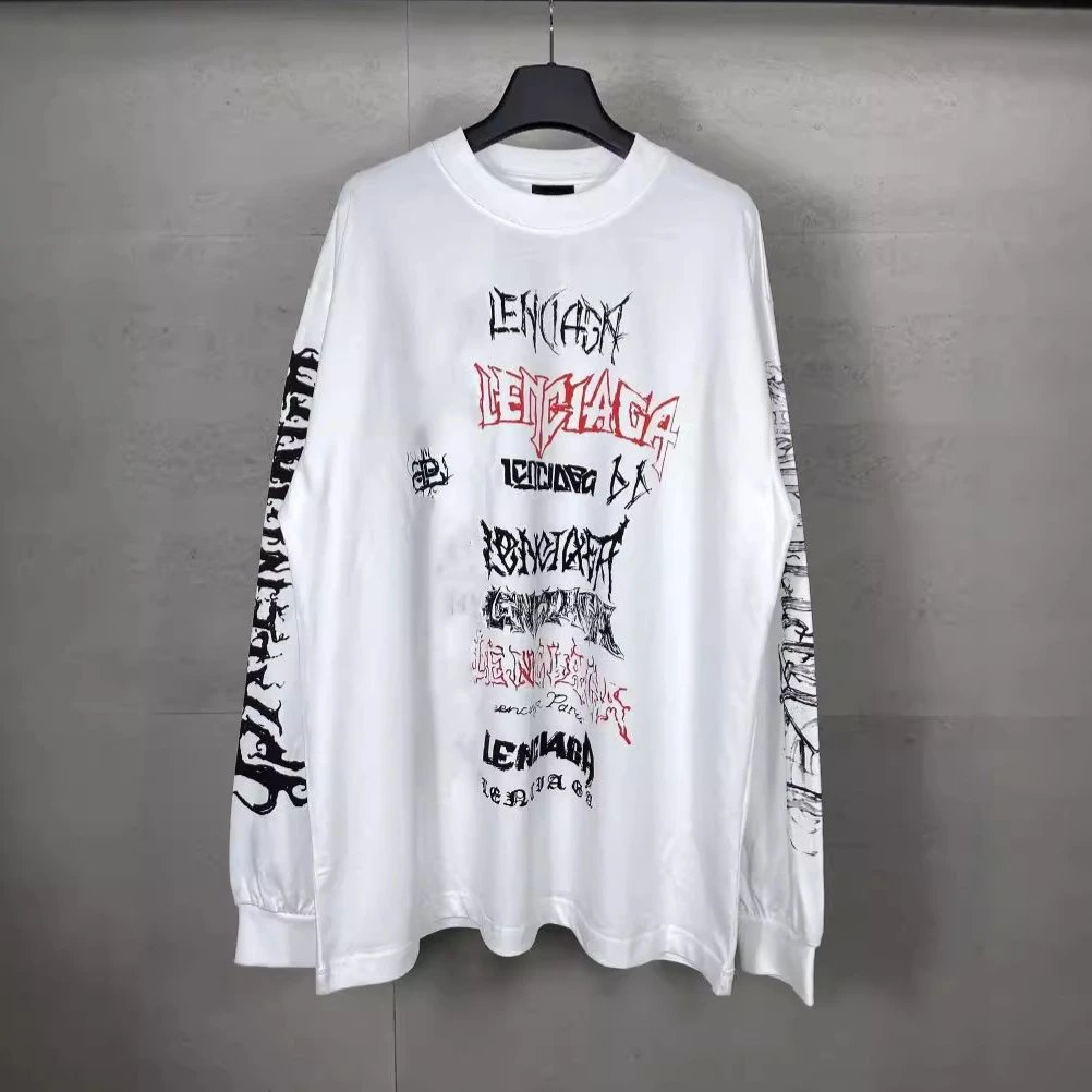 Lenciaga Graphic Print Black Oversized Long Sleeve T-Shirt