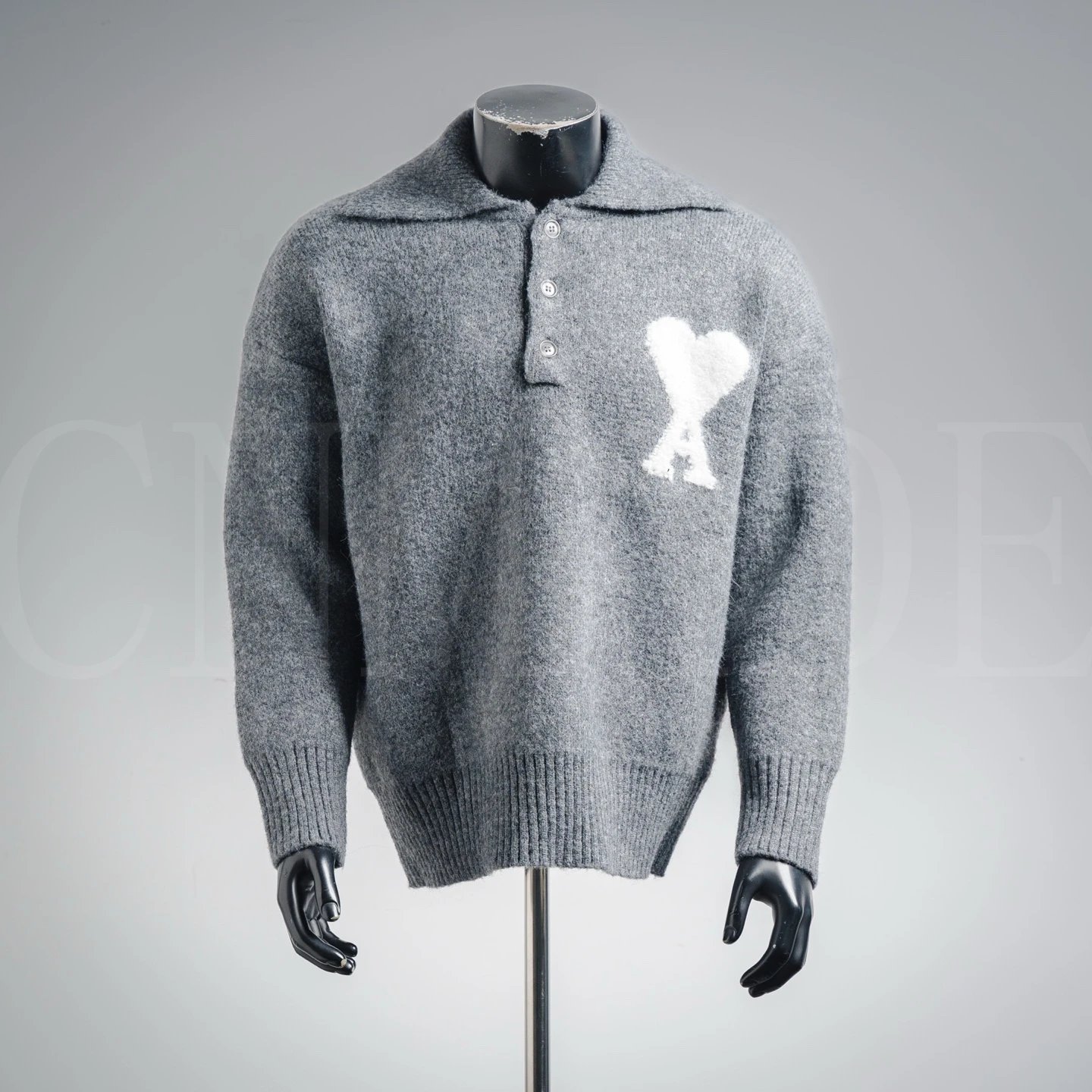 AM爱心25ss法式极简风格桃心爱心logo翻领POLO毛衣