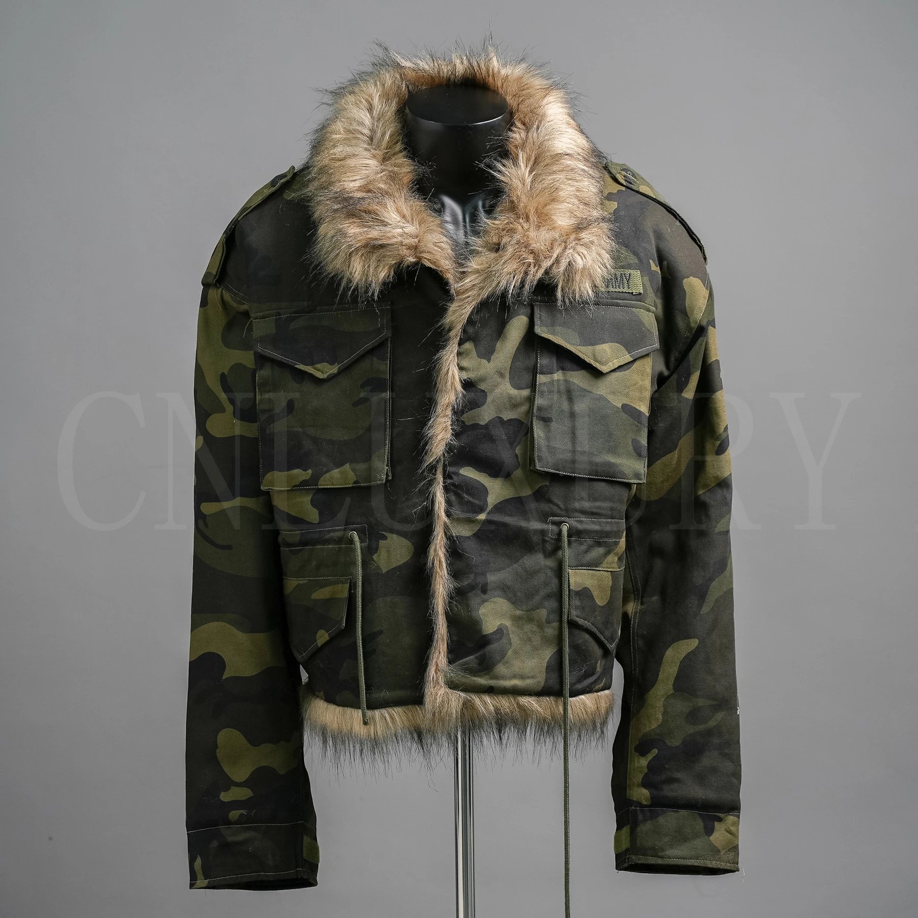 GRA牌冬季新款座山雕绿迷彩多口袋毛领加厚夹克棉服男女潮